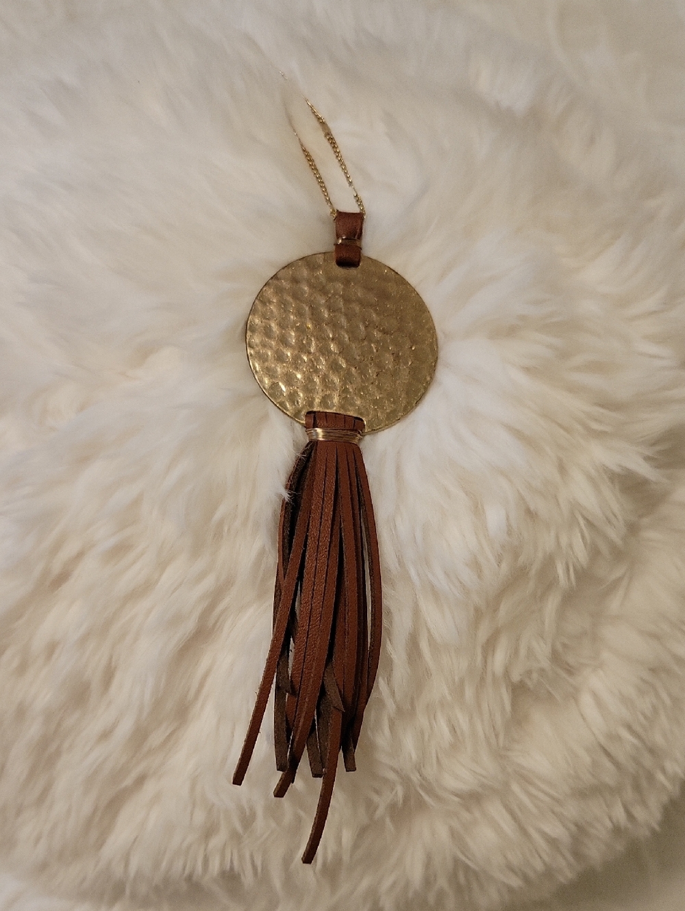 Gold Disc Pendant Necklace with Brown Tassel - Women Jewelry